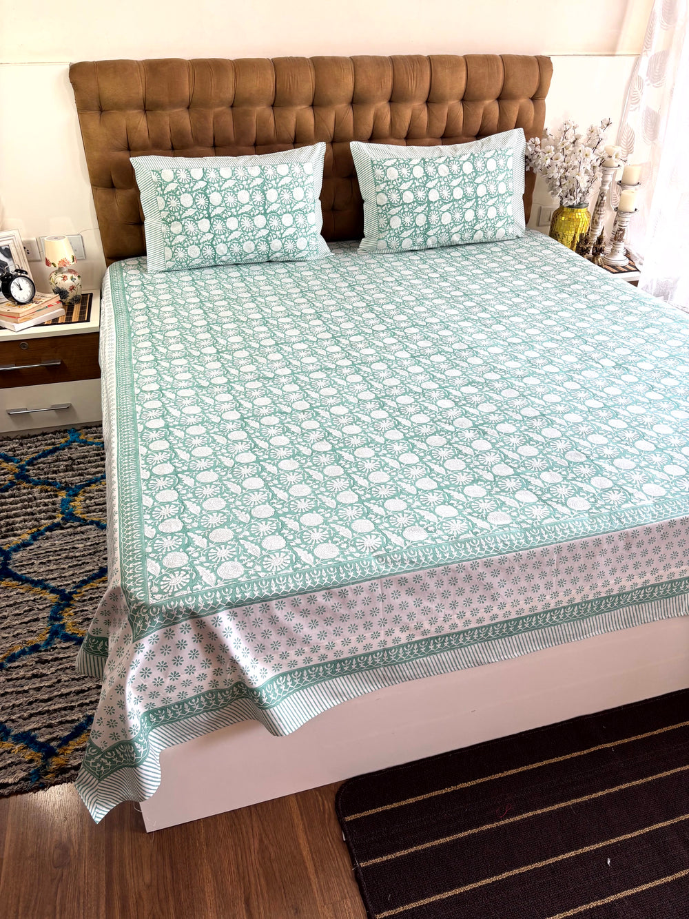 Mint sage floral Gadh hand block printed percale cotton bedsheet, super king 108x108