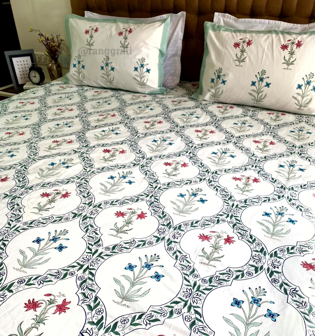 Minty Green Floral King Size Bedsheet Pure Cotton Hand Block