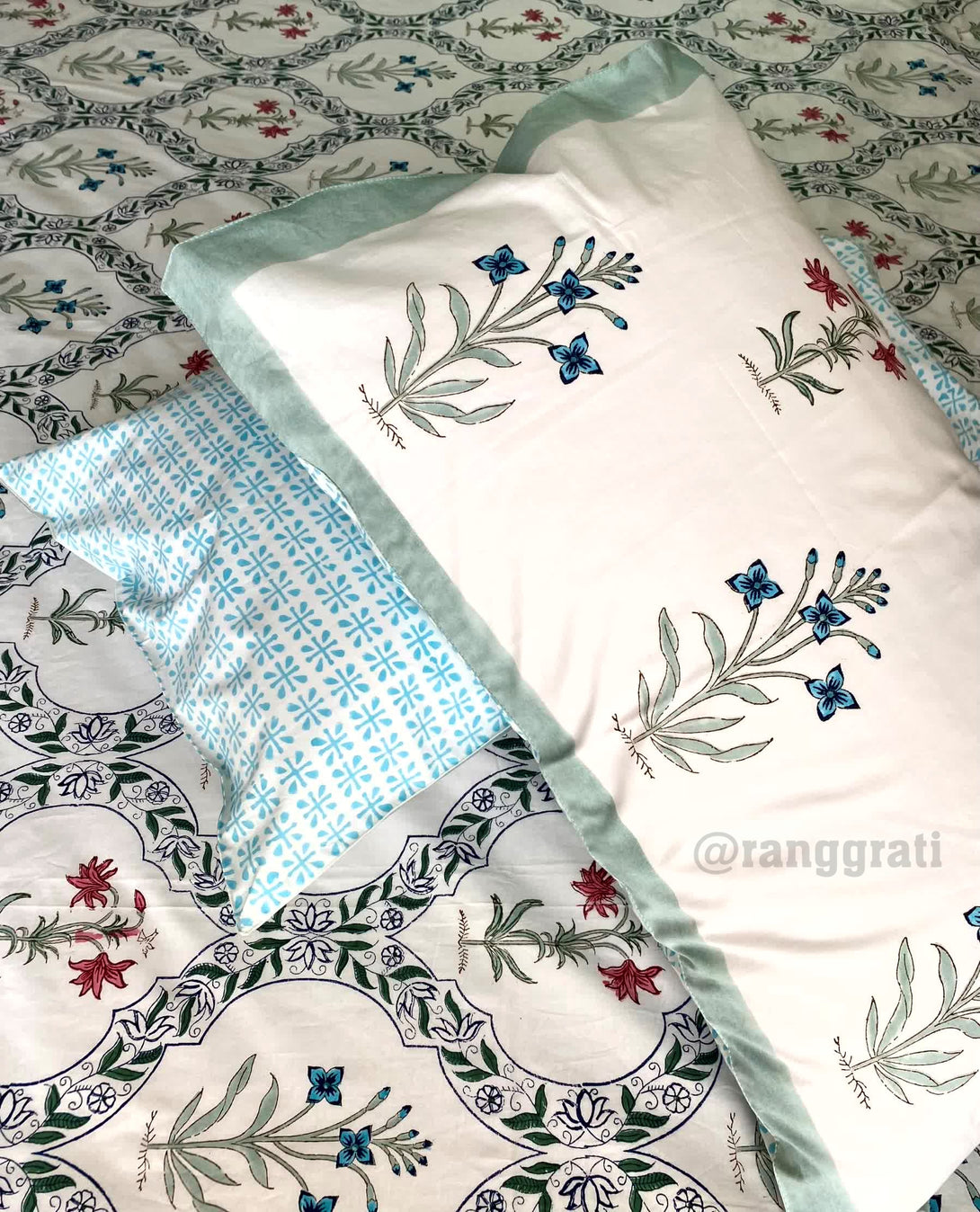  King Size 250 TC Bedsheet Pure Cotton Minty Green Floral Bota Jaal Hand Block