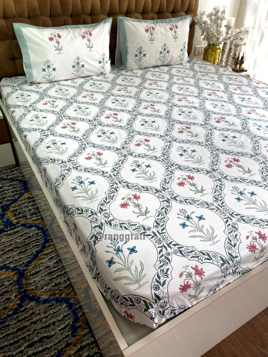 Minty Green Floral Cotton Elastic Fitted Bedsheet King Size Hand Block