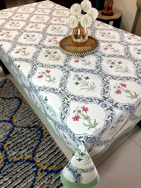 Minty Green Floral Table Cover Cloth 8 Seater Dining Table Rectangular