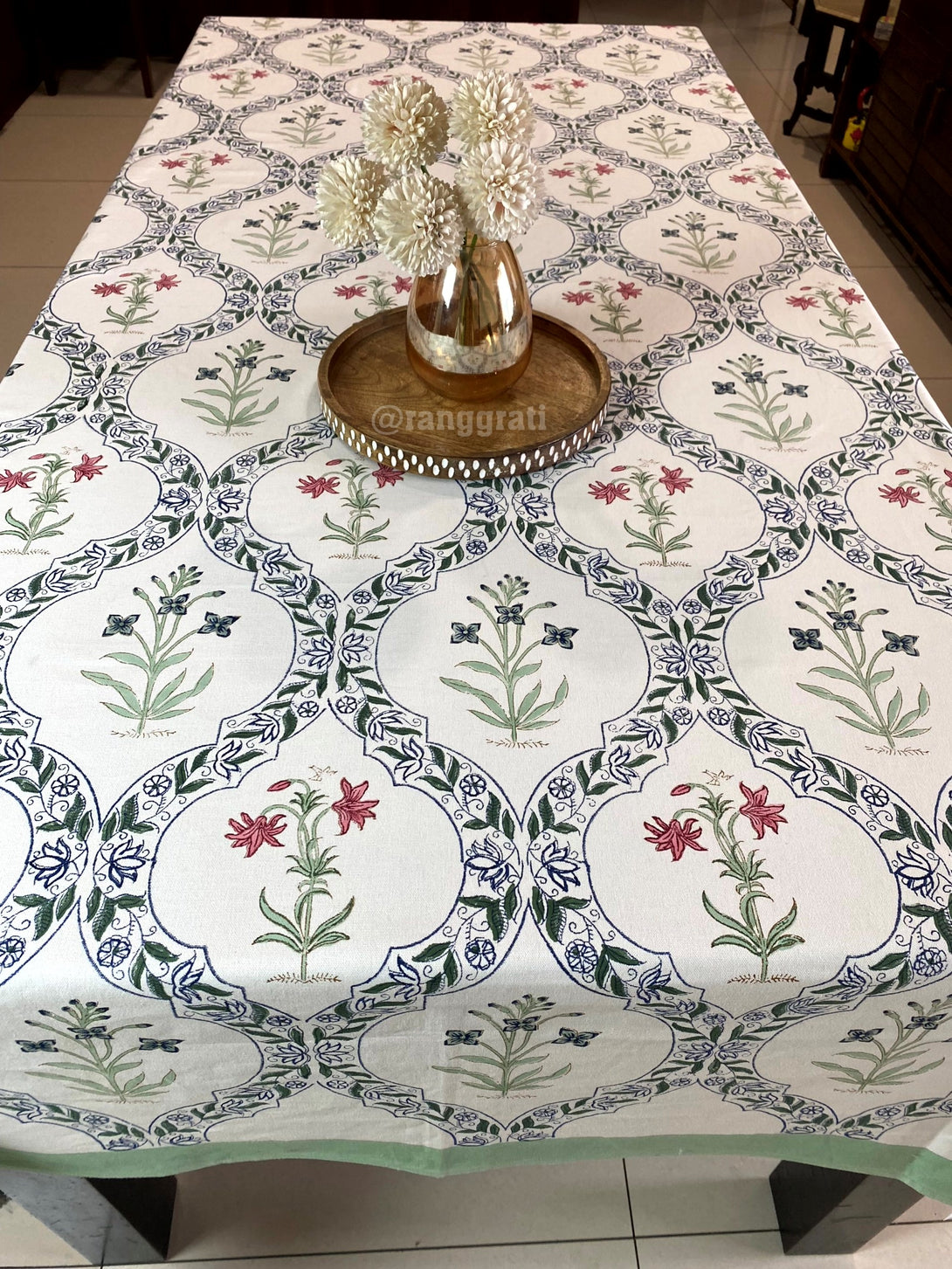 Rectangular Mint Green Floral Table Cover for 8-Seater Dining Table