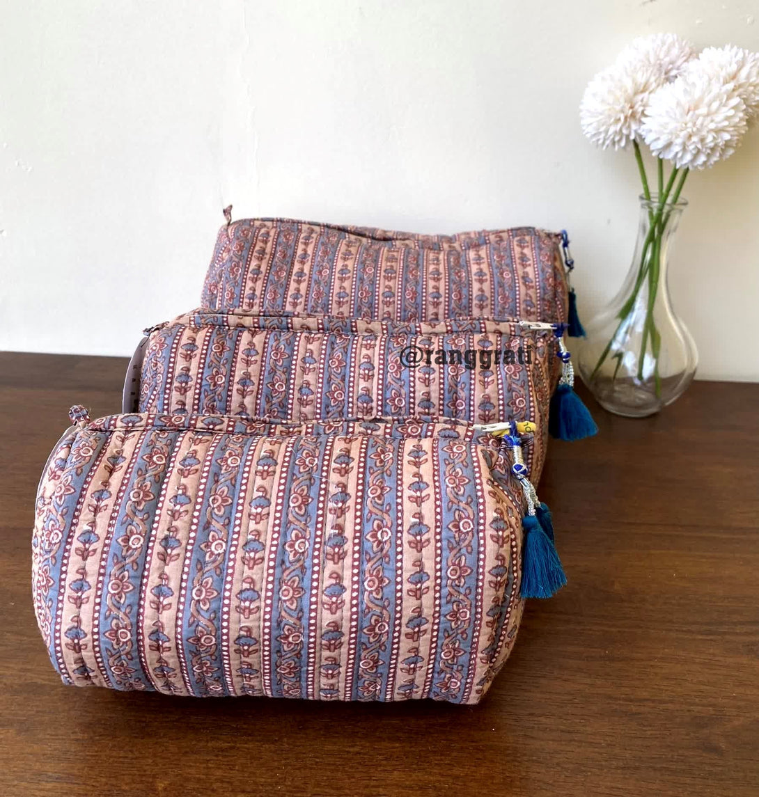Muddy Brown Geometric Quilted Travel Pouch Hand Block Set of 3 - Pouch