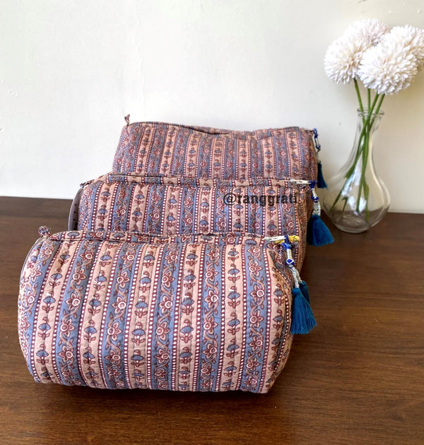 Muddy Brown Geometric Quilted Travel Pouch Hand Block Set of 3 - Pouch
