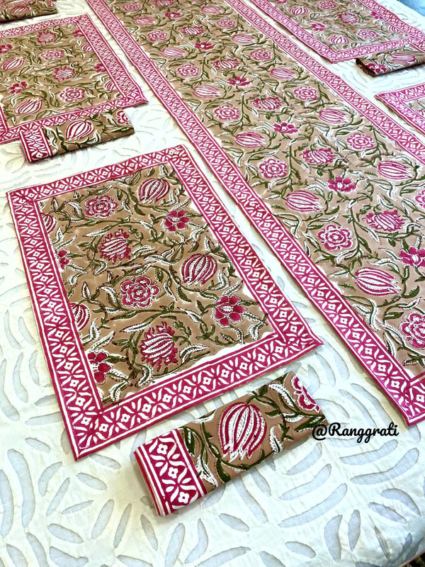 Muddy Brown & Pink Table Runner With 6 Table Mats & 6 Napkins - Table Runner Set