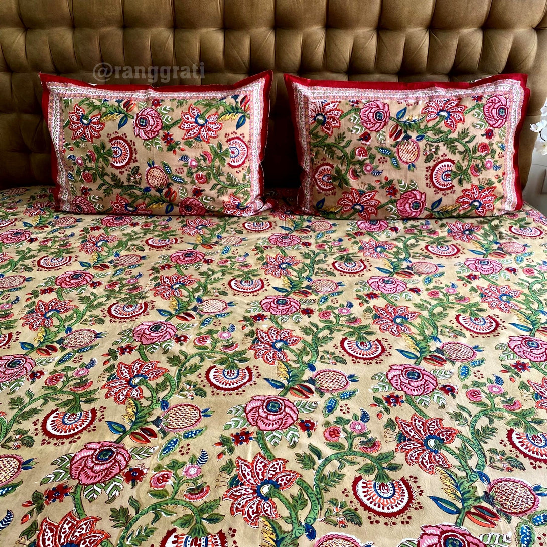 Muddy Brown Red Floral Super King Size 250 TC Bedsheet Cotton Hand Block - Bedsheet