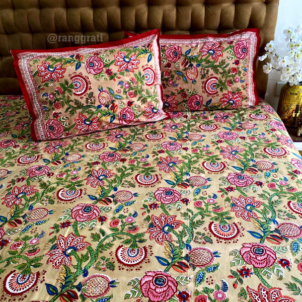 Muddy Brown Red Floral Super King Size 250 TC Bedsheet Cotton Hand Block - Bedsheet