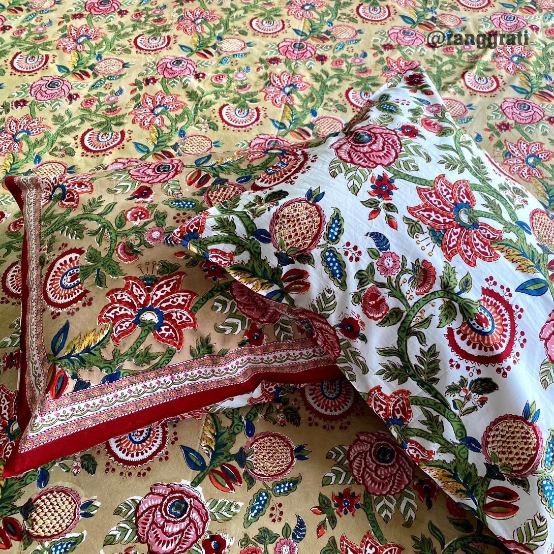 Muddy Brown Red Floral Super King Size 250 TC Bedsheet Cotton Hand Block - Bedsheet