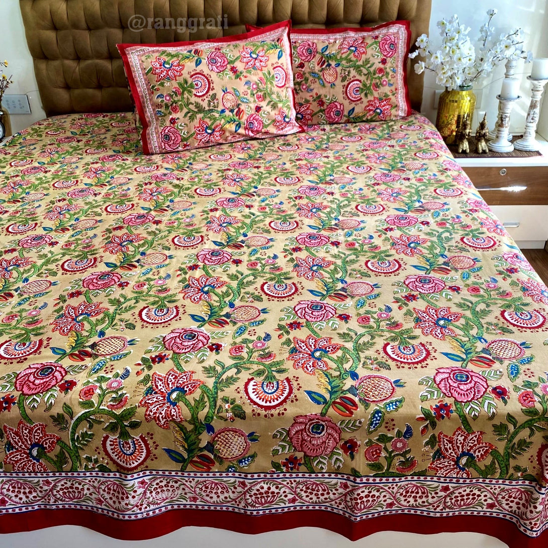 Muddy Brown Red Floral Super King Size 250 TC Bedsheet Cotton Hand Block - Bedsheet