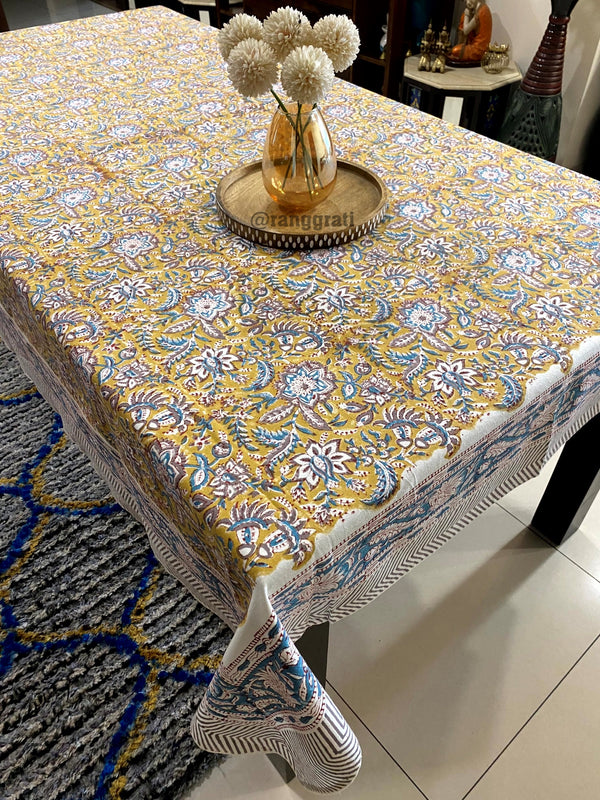 Muddy Yellow Floral Table Cover Cloth 6 Seater Dining Table Rectangular Canvas Cotton