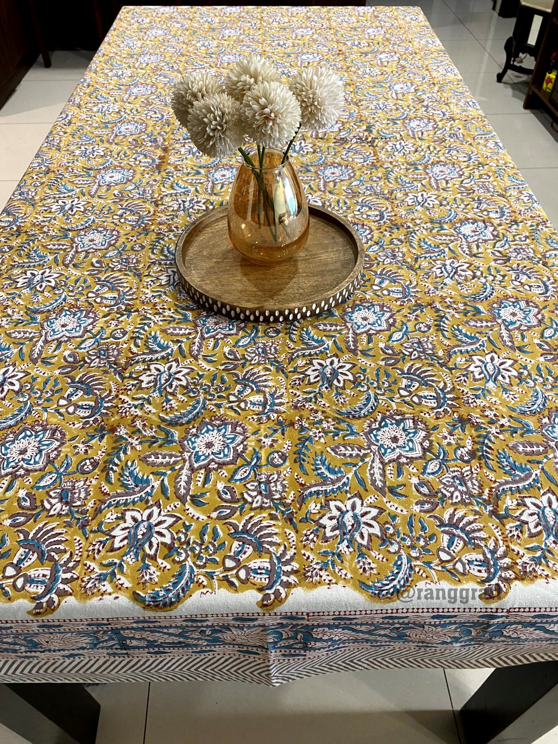 Muddy Yellow Floral Table Cover Cloth 6 Seater Canvas Cotton
