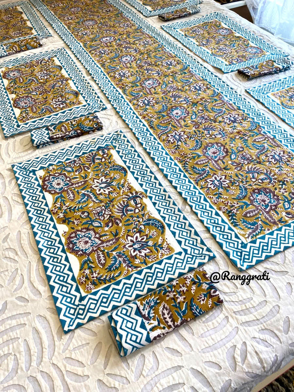 Muddy Yellow Floral Table Runner With 6 Table Mats & 6 Napkins - Table Runner Set