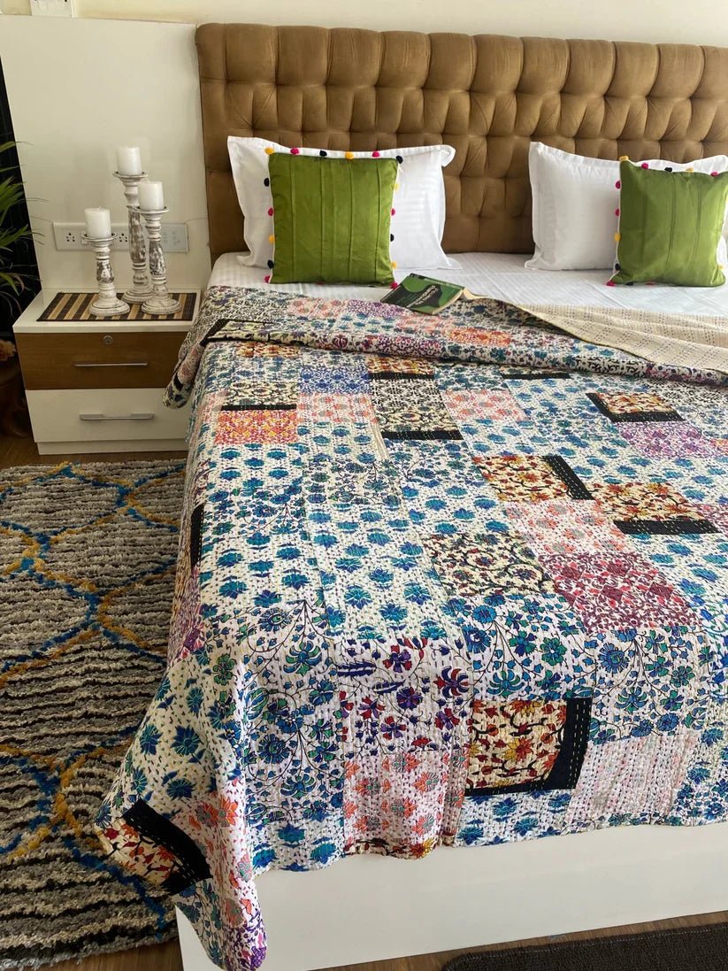 Multi Color Patchwork Kantha Handmade Bed Cover - Bedcover
