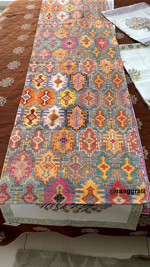 Multicolor Abstract Jute Cotton Table Runner Hand Block Print For 6 Seater Dining Table