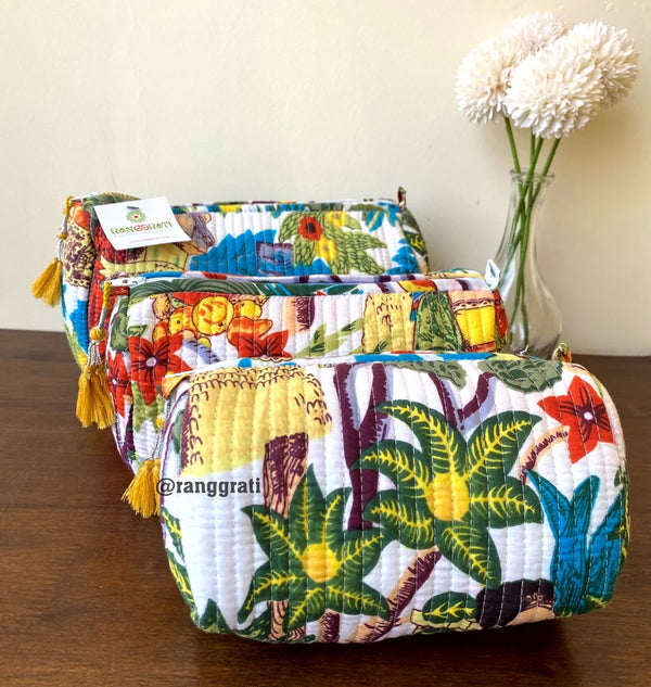 Multicolor Animal Quilted Travel Pouch Hand Block Set of 3 - Pouch