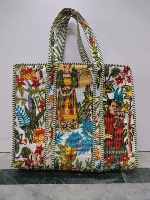 Multicolor Animal Tote Bag quilted Hand Block Printed Cotton with Zip Online - Tote Bag