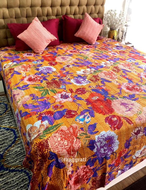Multicolor Floral Kantha Bedcover For Double Bed King Size - Bedcover
