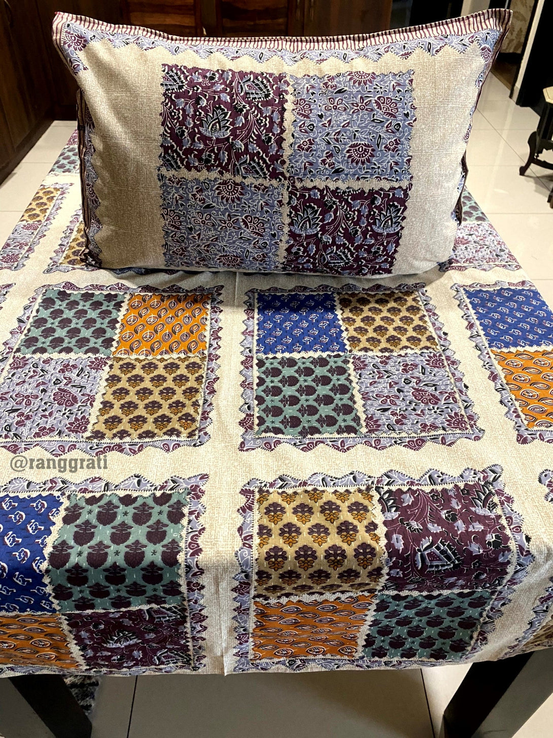 Multicolor Jaipuri Cotton Bedsheet For Single Bed With Pillow - Bedsheet