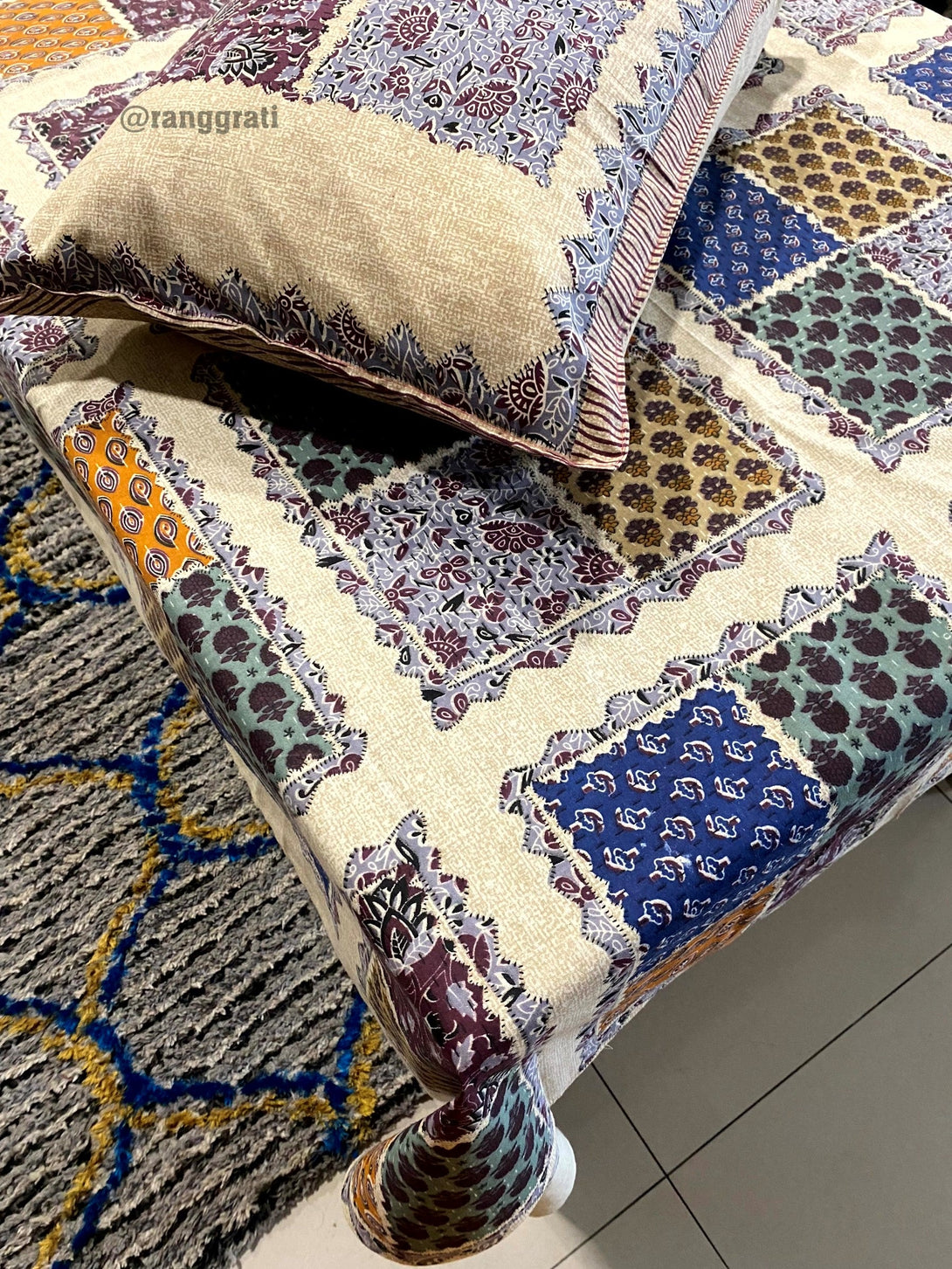 Multicolor Jaipuri Cotton Bedsheet For Single Bed With Pillow - Bedsheet