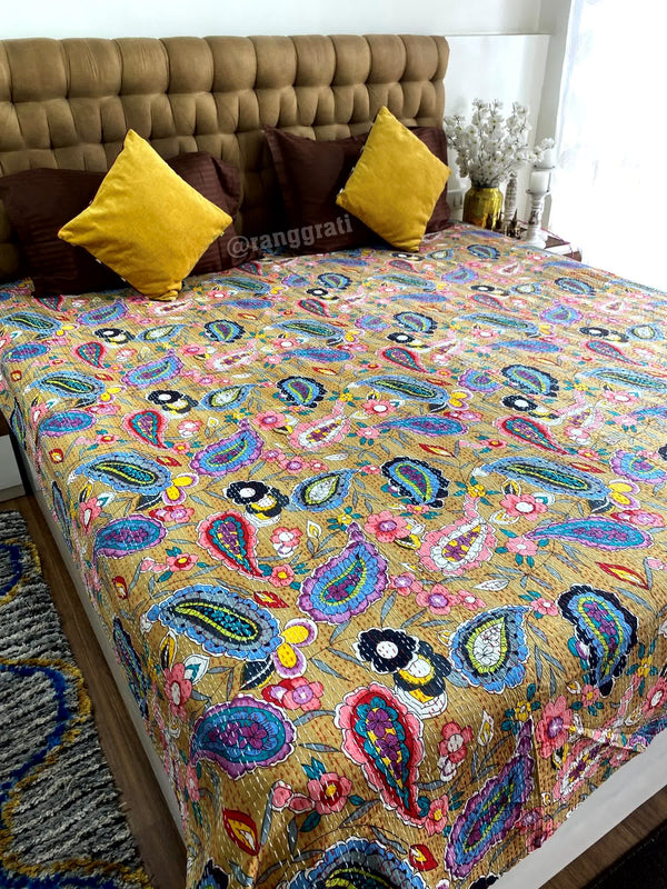 Multicolor Paisley Kantha Bedcover For Double Bed King Size - Bedcover