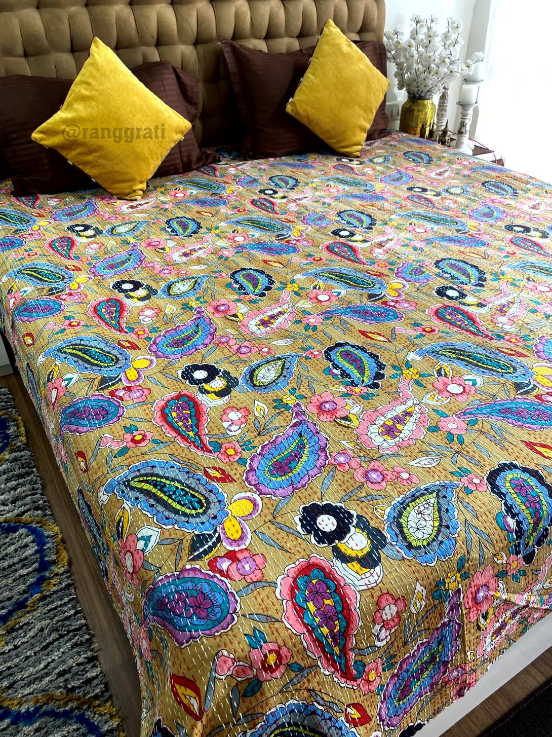 Multicolor Paisley Kantha Bedcover For Double Bed King Size - Bedcover