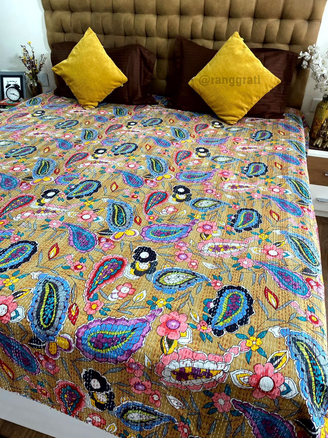 Multicolor Paisley Kantha Bedcover For Double Bed King Size - Bedcover