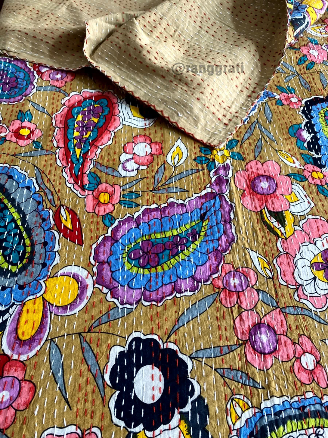 Multicolor Paisley Kantha Bedcover For Double Bed King Size - Bedcover