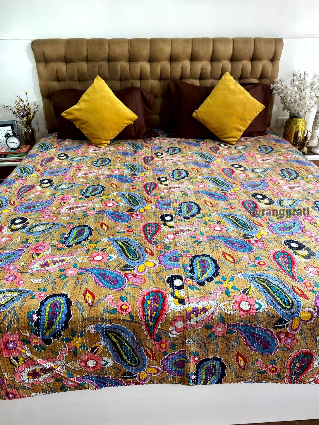 Multicolor Paisley Kantha Bedcover For Double Bed King Size - Bedcover