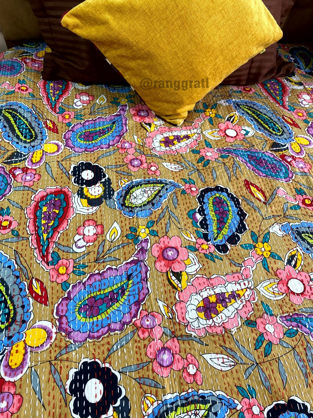 Multicolor Paisley Kantha Bedcover For Double Bed King Size - Bedcover