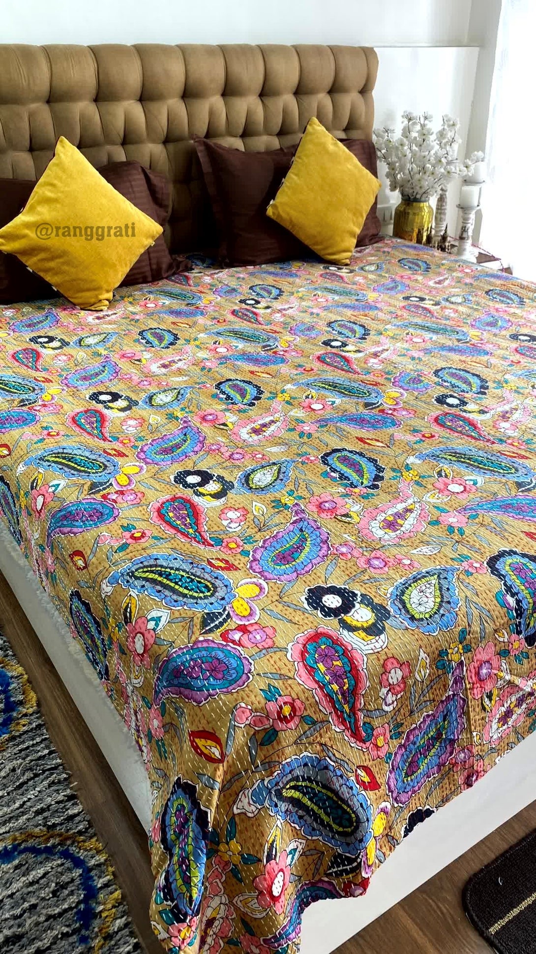 Multicolor Paisley Kantha Bedcover For Double Bed King Size - Bedcover