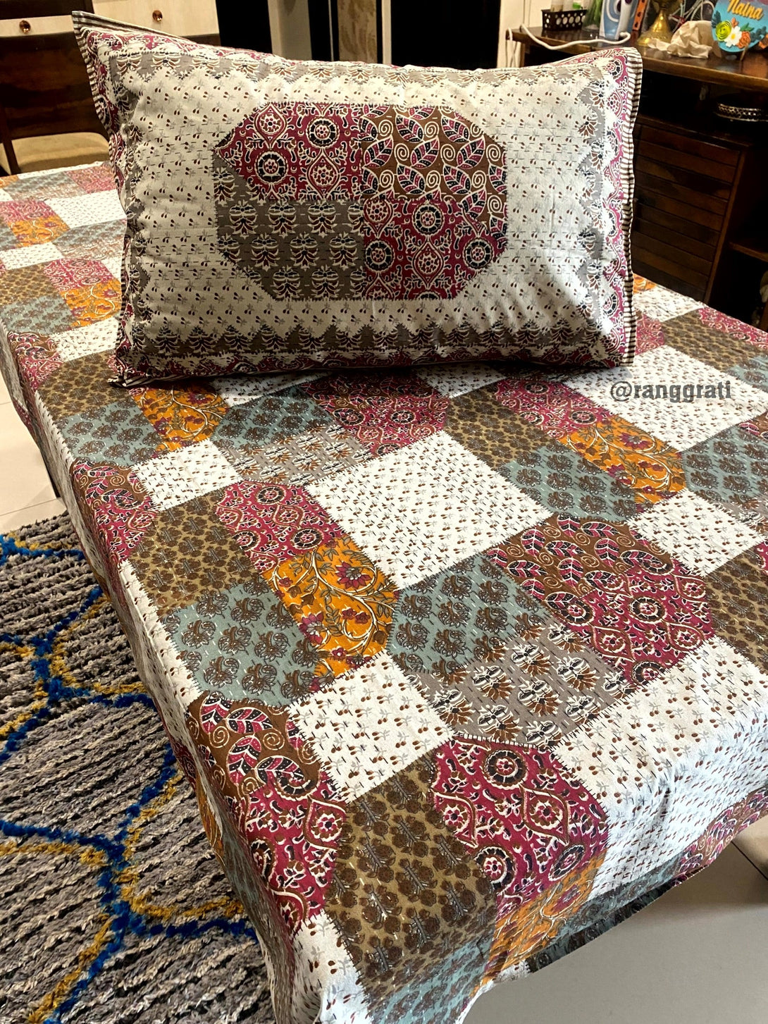 Multicolor Patchwork Jaipuri Cotton Bedsheet For Single Bed With Pillow - Bedsheet