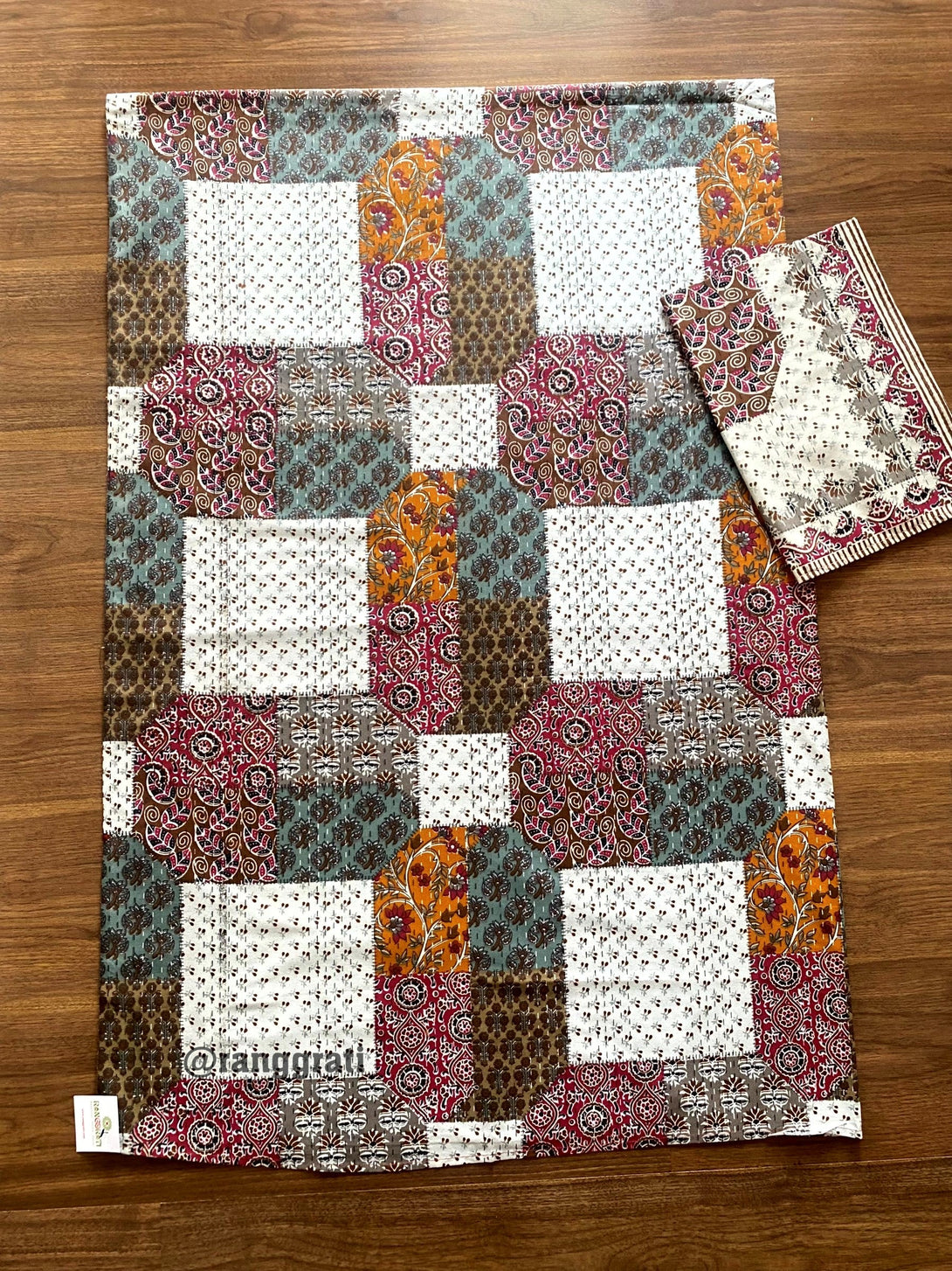 Multicolor Patchwork Jaipuri Cotton Bedsheet For Single Bed With Pillow - Bedsheet