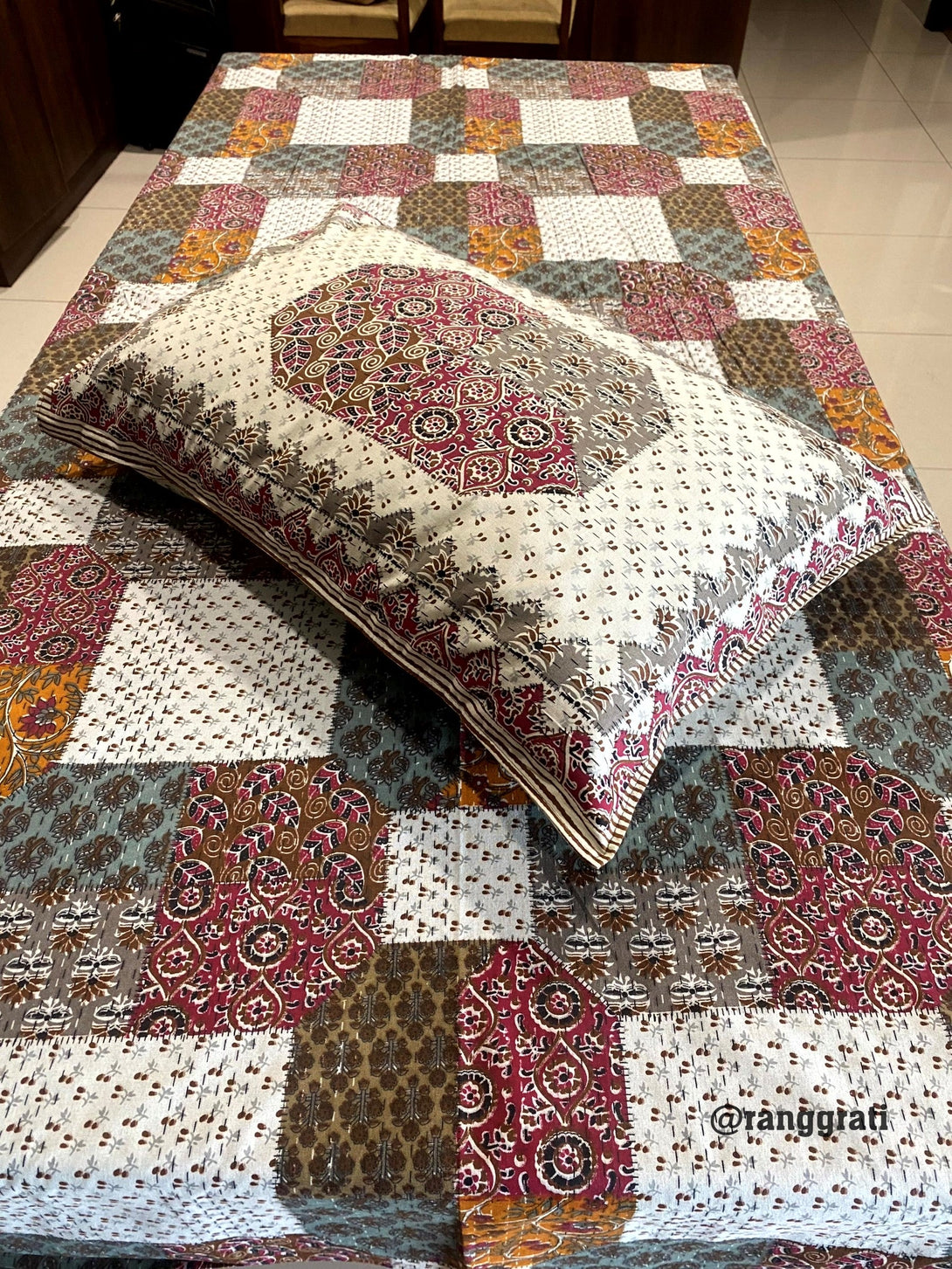 Multicolor Patchwork Jaipuri Cotton Bedsheet For Single Bed With Pillow - Bedsheet