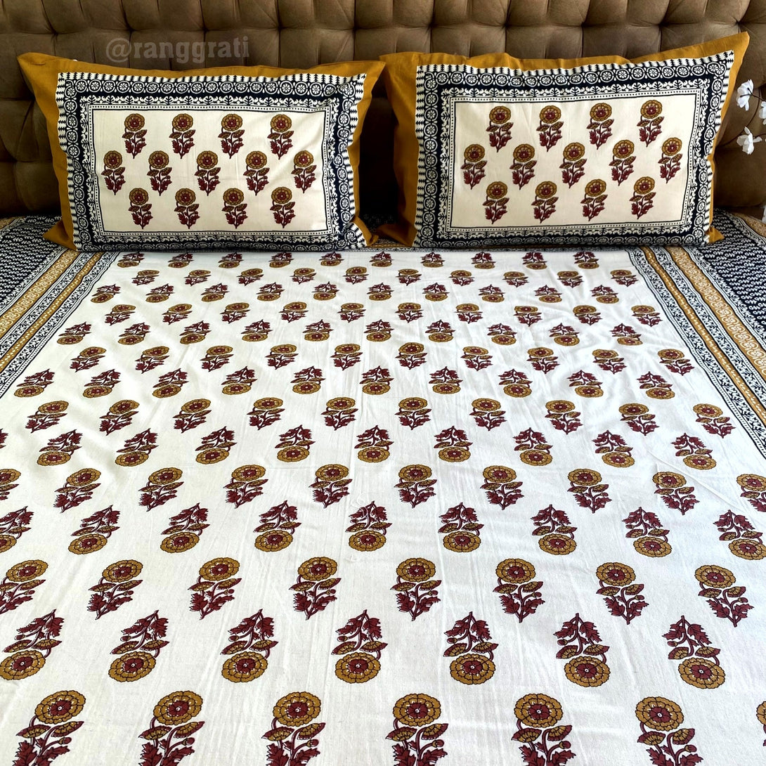 Mustard Aster Floral Jaipuri Cotton Bedsheet King Size For Double Bed - Bedsheet