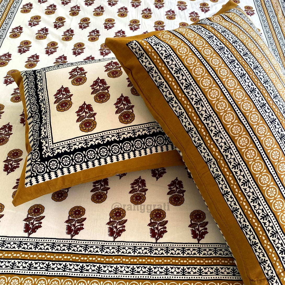 Mustard Aster Floral Jaipuri Cotton Bedsheet King Size For Double Bed - Bedsheet