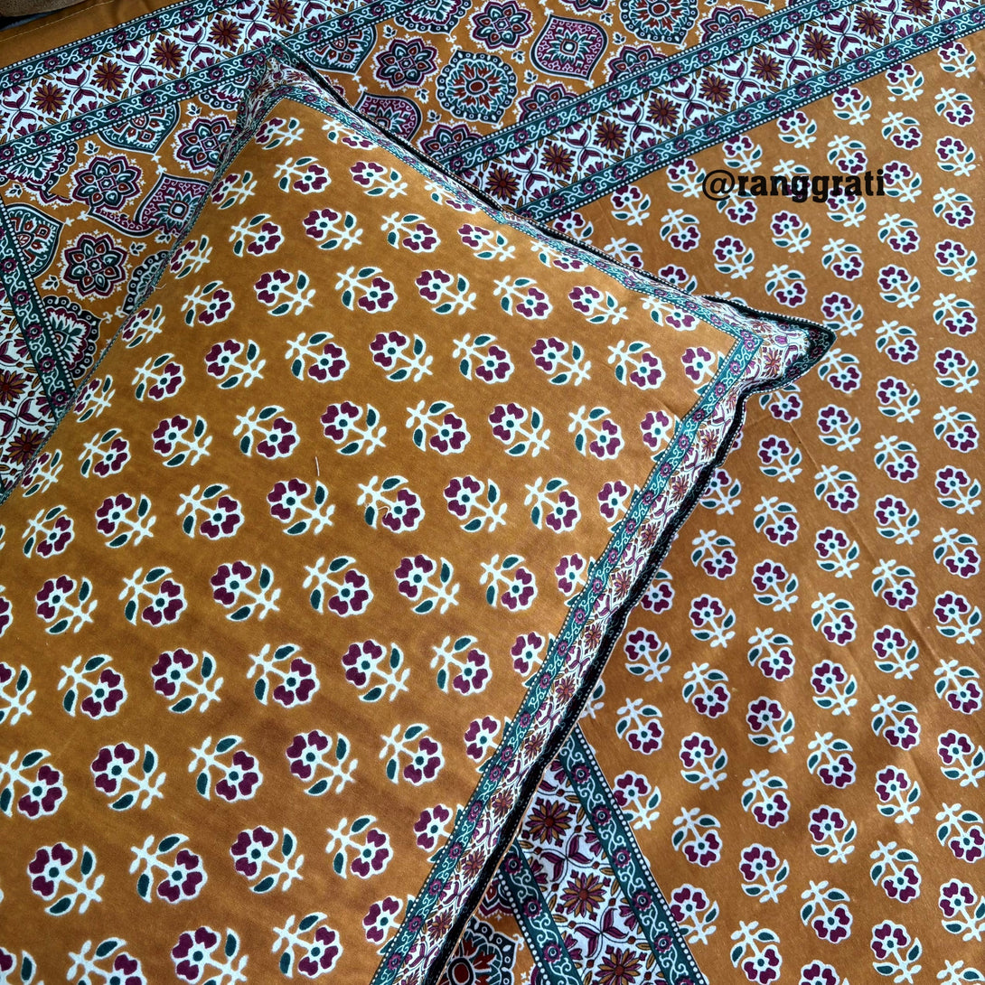 Mustard Color Floral Jaipuri Cotton Bedsheet King Size - Bedsheet