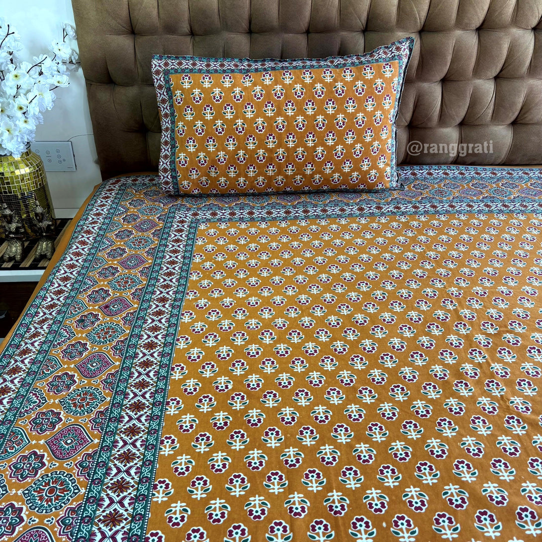 Mustard Color Floral Jaipuri Cotton Bedsheet King Size - Bedsheet