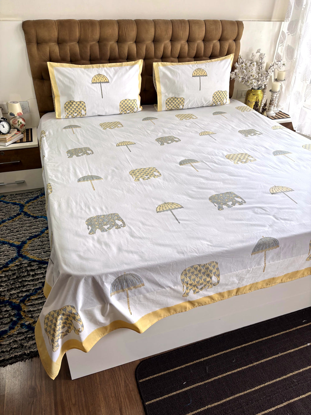 Jaipur hand block printed mustard elephant motif cotton bedsheet with matching pillow covers