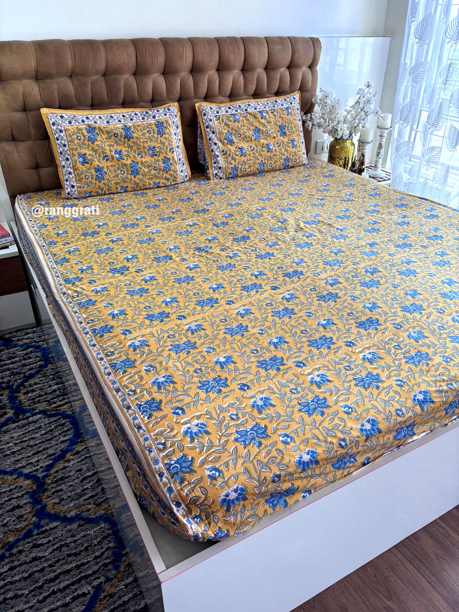 Mustard Yellow Blue Floral Cotton Elastic Fitted Bedsheet King Size Hand Block