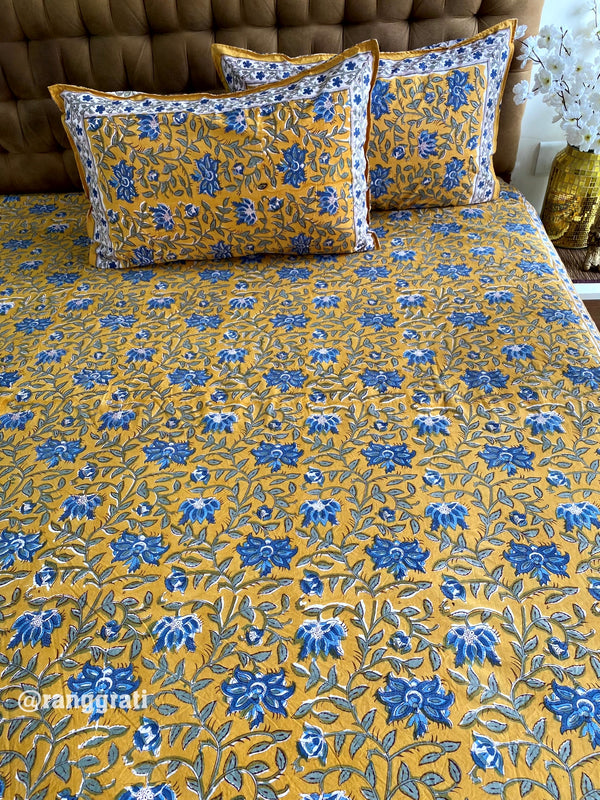 Mustard Yellow and Blue Floral King Size 250 TC Bedsheet Pure Cotton Hand Block
