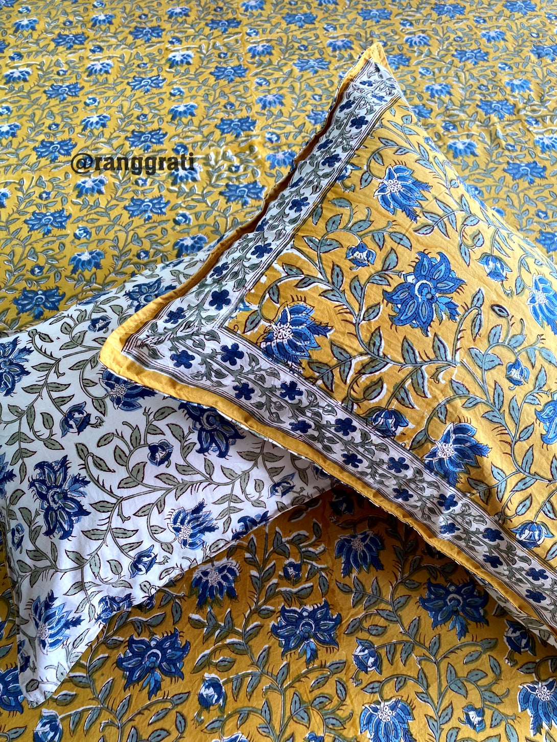 King Size Mustard Yellow and Blue Floral 250 TC Bedsheet Pure Cotton Hand Block