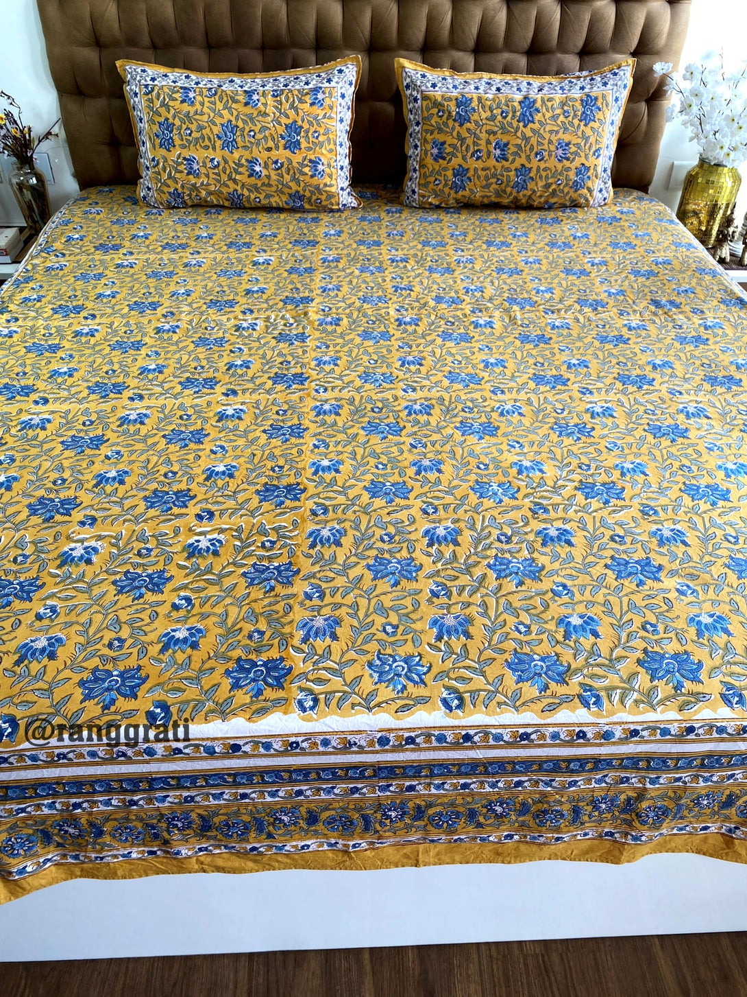 Mustard Yellow and Blue Floral King Size 250 TC Bedsheet