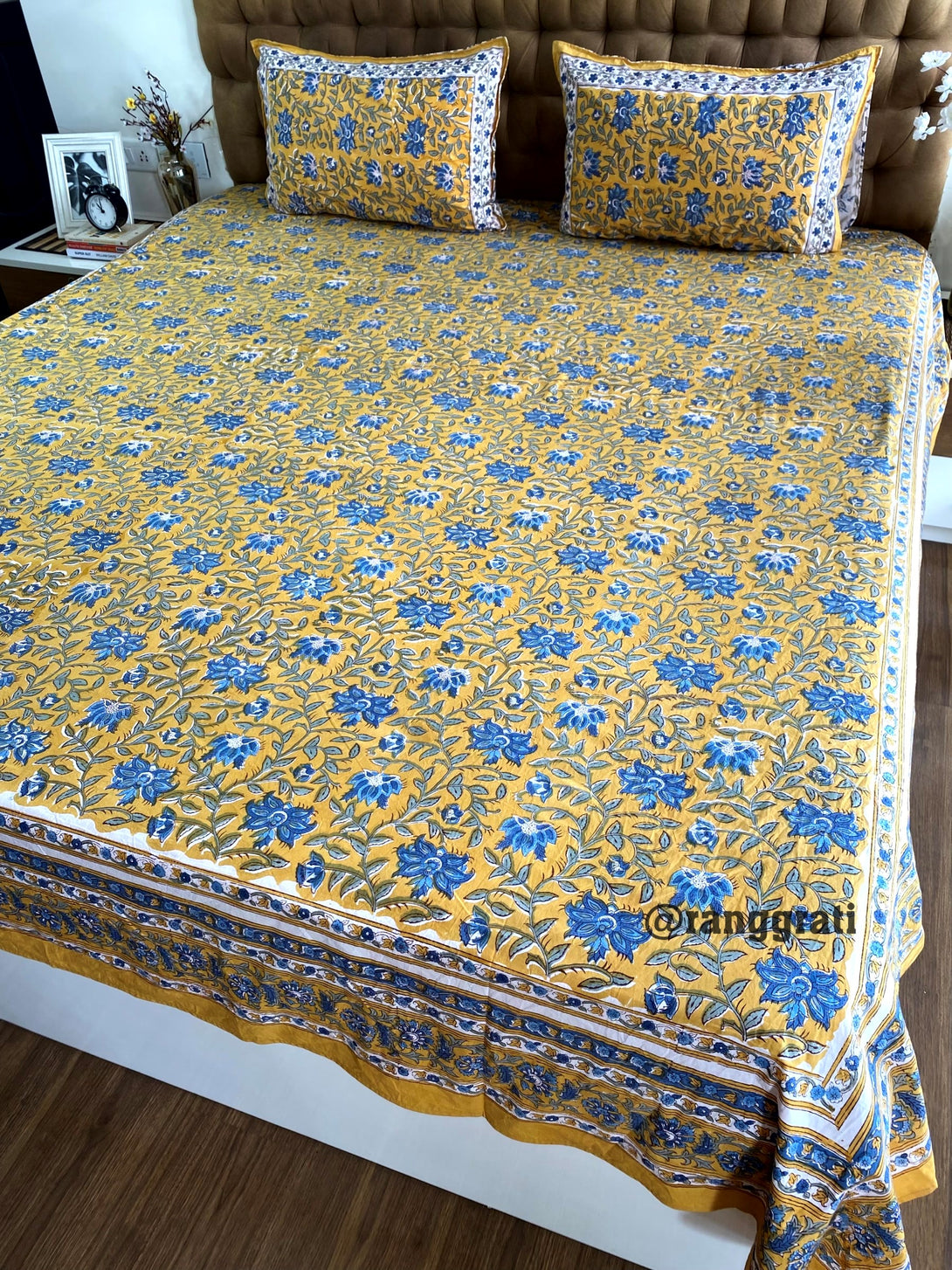 Pure Cotton Mustard Yellow and Blue Floral King Size 250 TC Bedsheet Hand Block