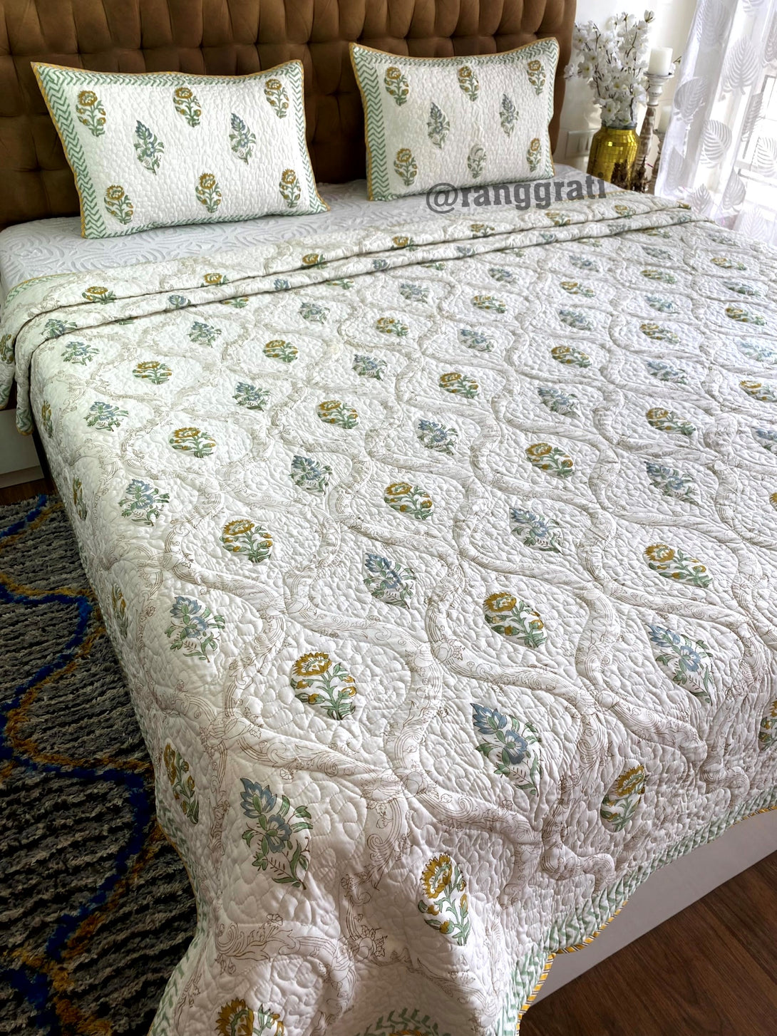 Mustard Yellow Contemporary Mulmul Voile Quilted Bedcover King Size