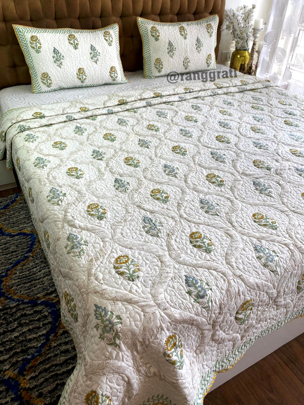 Mustard Yellow Contemporary Mulmul Voile Quilted Bedcover King Size