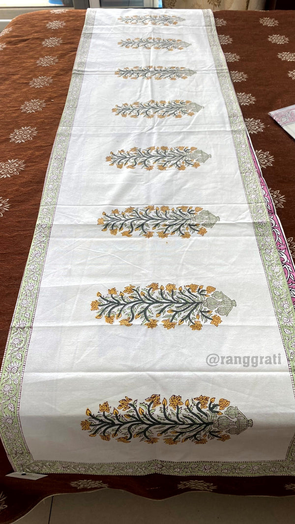Mustard Yellow Floral Table Runner 8 Seater Dining Table Block Print