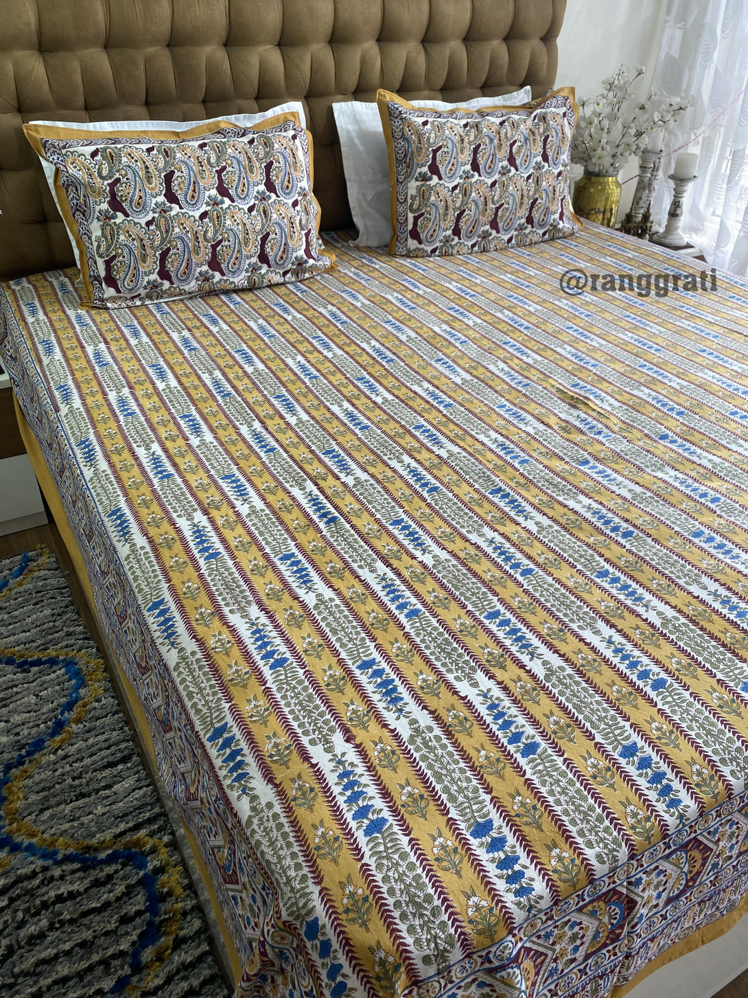 Mustard Yellow Stripe Blue Floral Jaipuri Cotton Bedsheet King Size For Double Bed