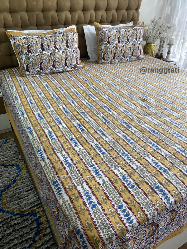 Mustard Yellow Stripe Blue Floral Jaipuri Cotton Bedsheet King Size For Double Bed