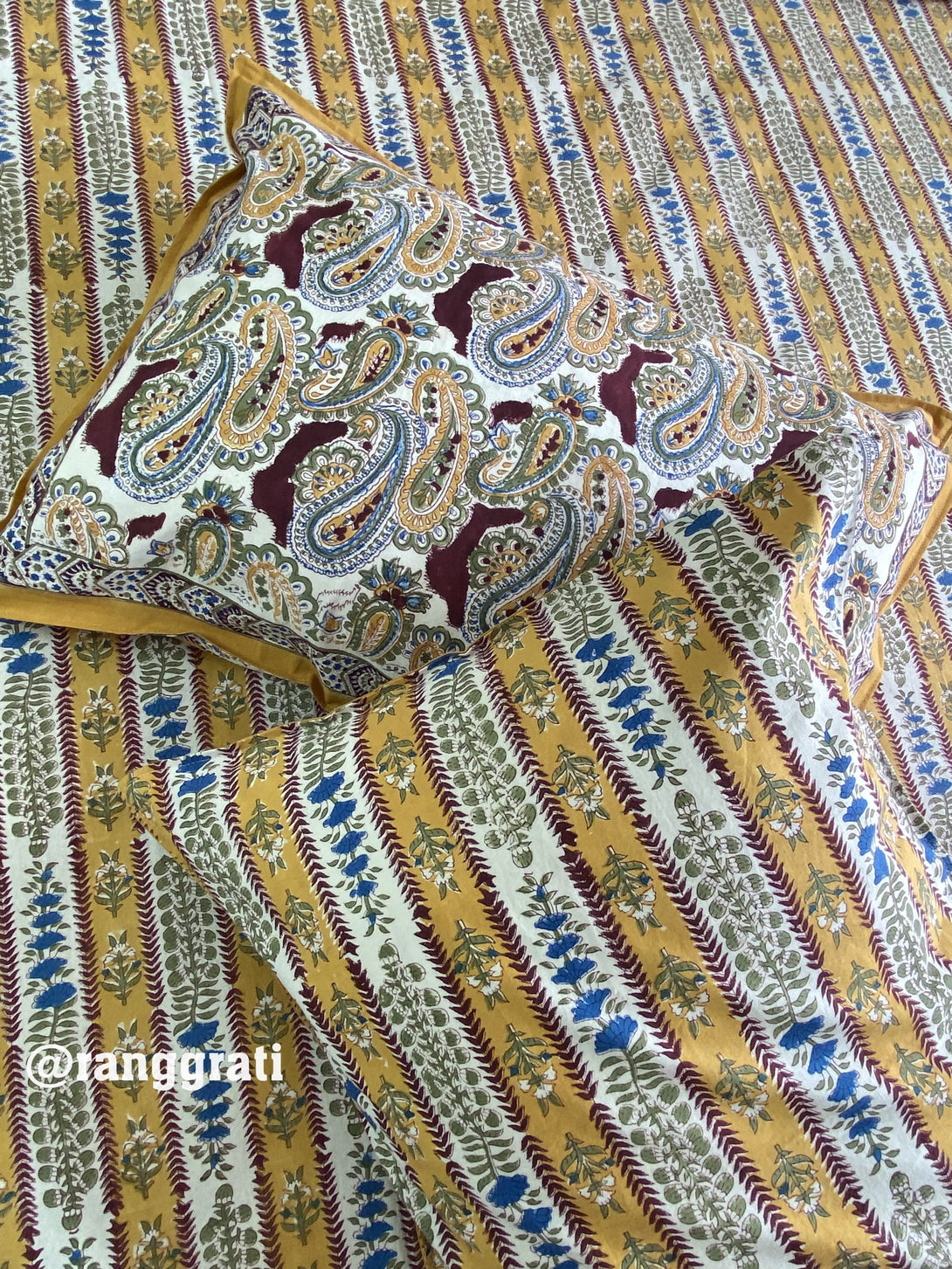 Mustard Yellow Stripe Blue Floral Jaipuri Cotton Bedsheet King Size With Pillow Covers