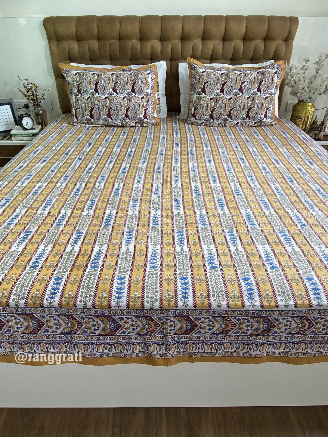 King Size Mustard Yellow Stripe Blue Floral Jaipuri Cotton Bedsheet 